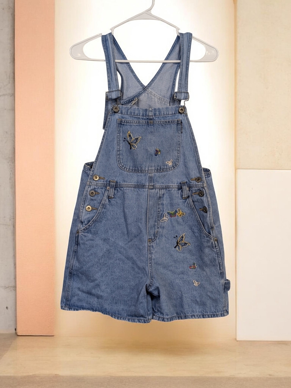 Vintage 90's Embroidered Butterfly Denim Jean Short Overalls - Blue